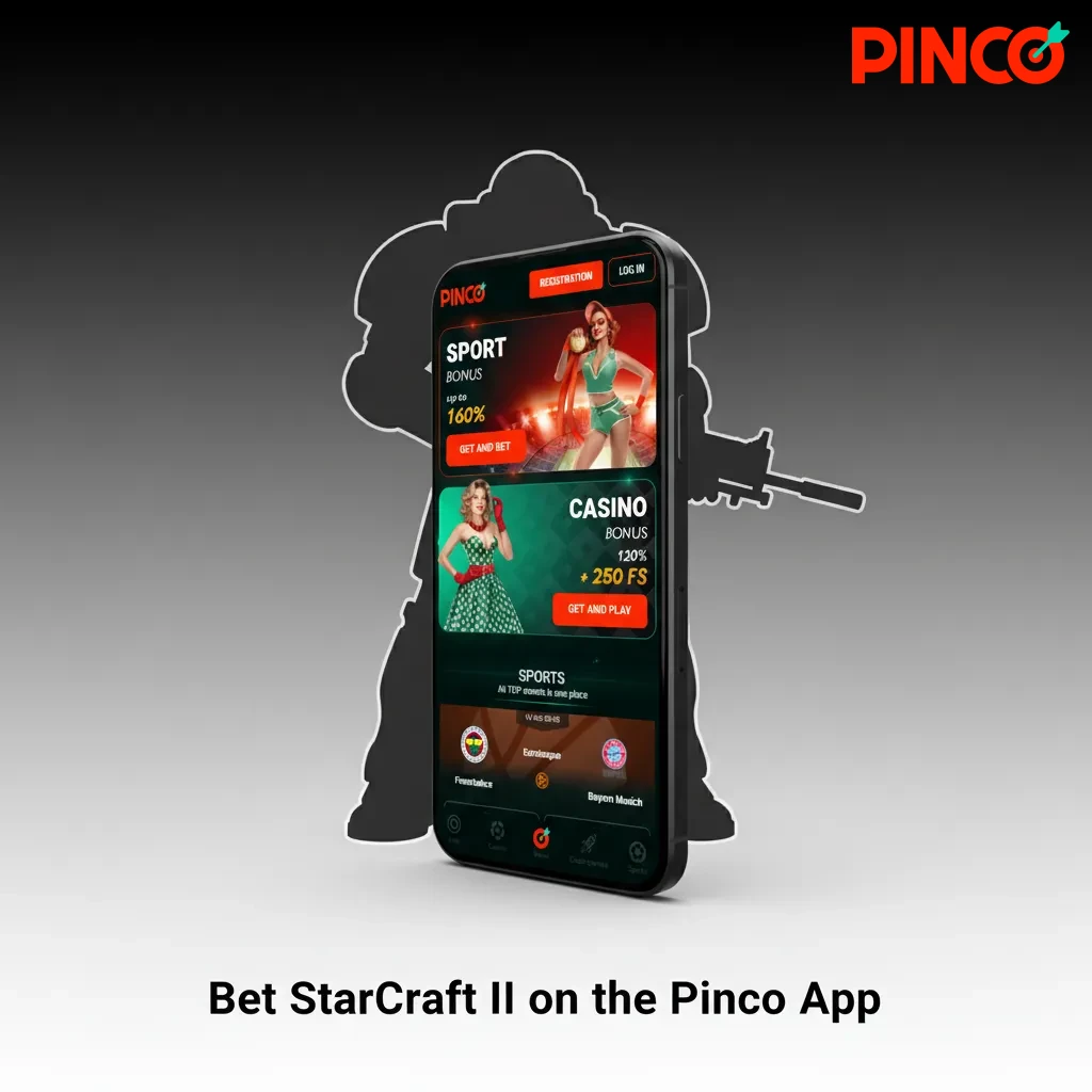 Smartphone showing Pinco app with StarCraft II esports odds, live betting features, CAD account, deposit options, and alerts