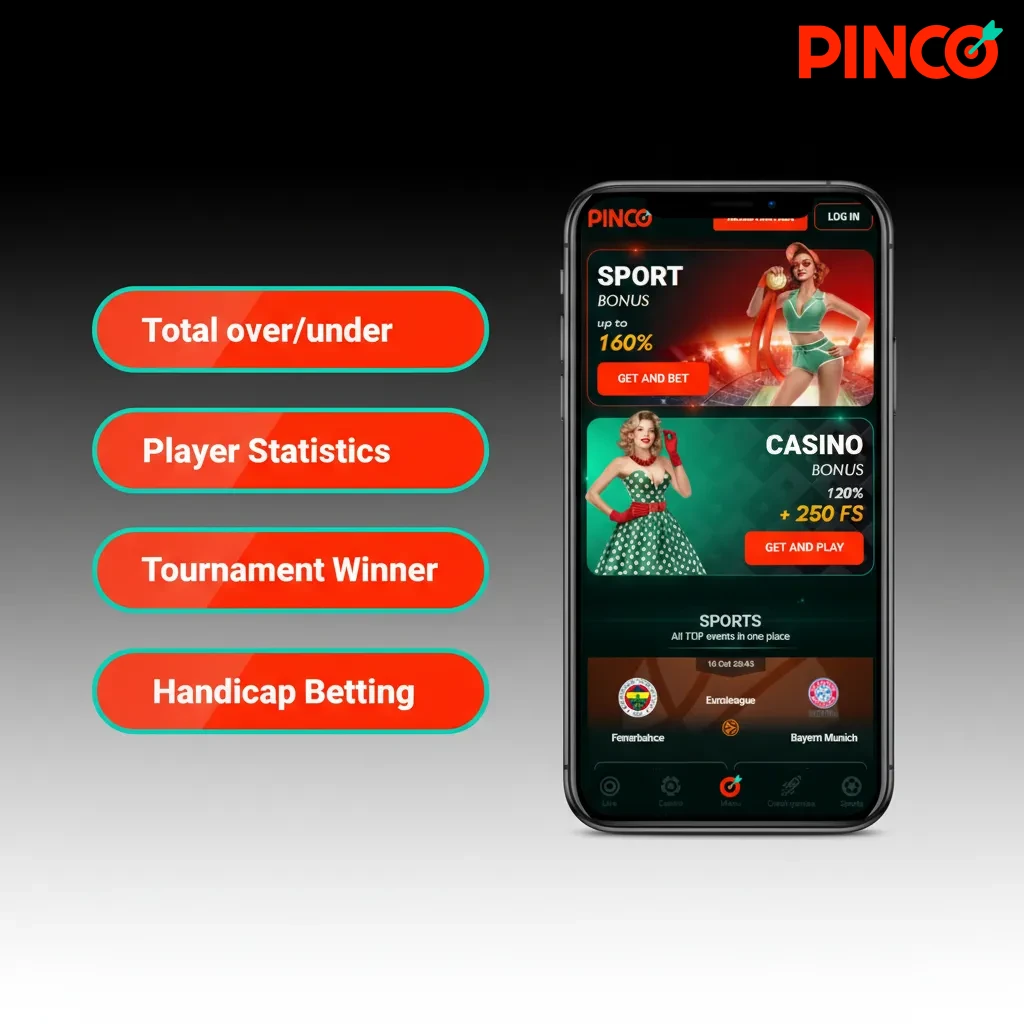 Pinco app screen listing bet types: Moneyline, Point Spread, Totals, Parlays, Props, with mix markets on one bet slip.
