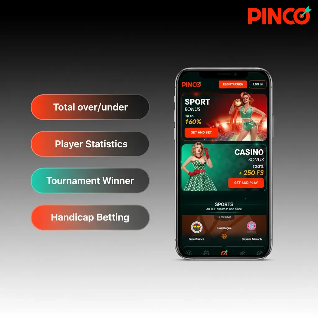 Pinco iOS screen: bet types Single, Parlay, System, Handicap (spread), Totals (O/U), and player/team props.