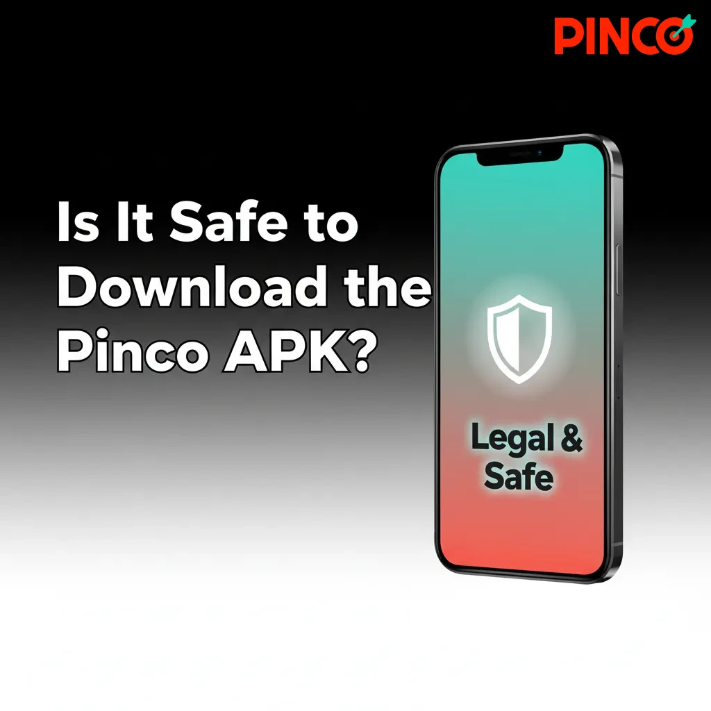 Phone with licence badge and lock icon, promoting safe Pinco APK download from the official site.