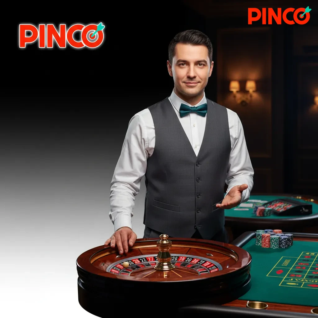 Pinco Live Casino banner showing live dealer tables with real cards and roulette wheel; Blackjack, Roulette, Baccarat, Poker