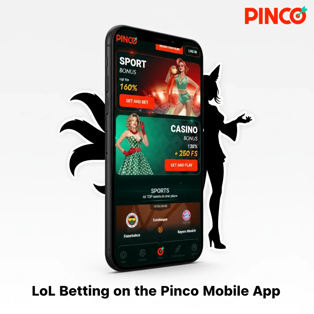 Phone showing Pinco app with LoL markets like Match Winner and First Dragon, plus live odds and bet slip.