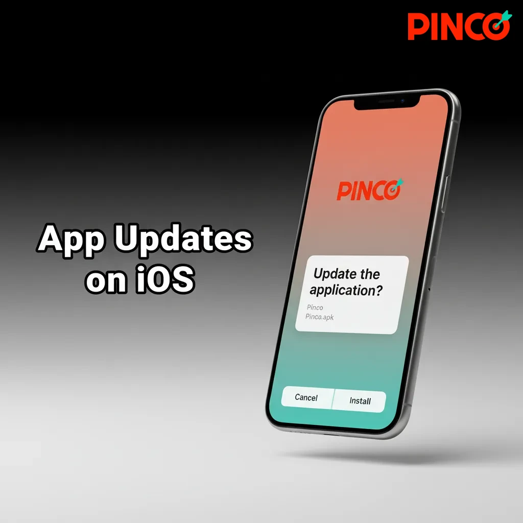 iOS device showing Pinco web app auto-updating; latest lines, games, promos; no manual updates, saves storage.