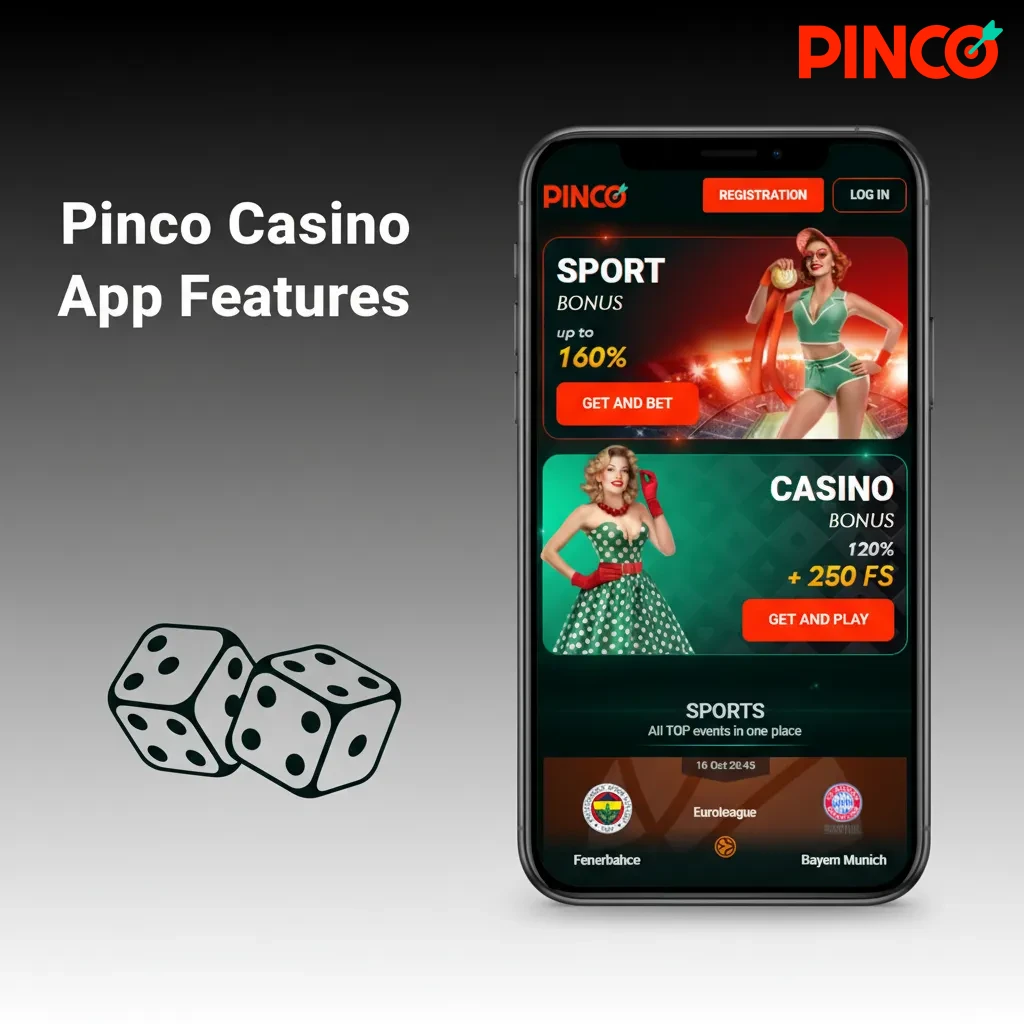 Pinco Casino app home with live tables, top slots, quick sports-to-casino switch, Evolution roulette, blackjack, baccarat.