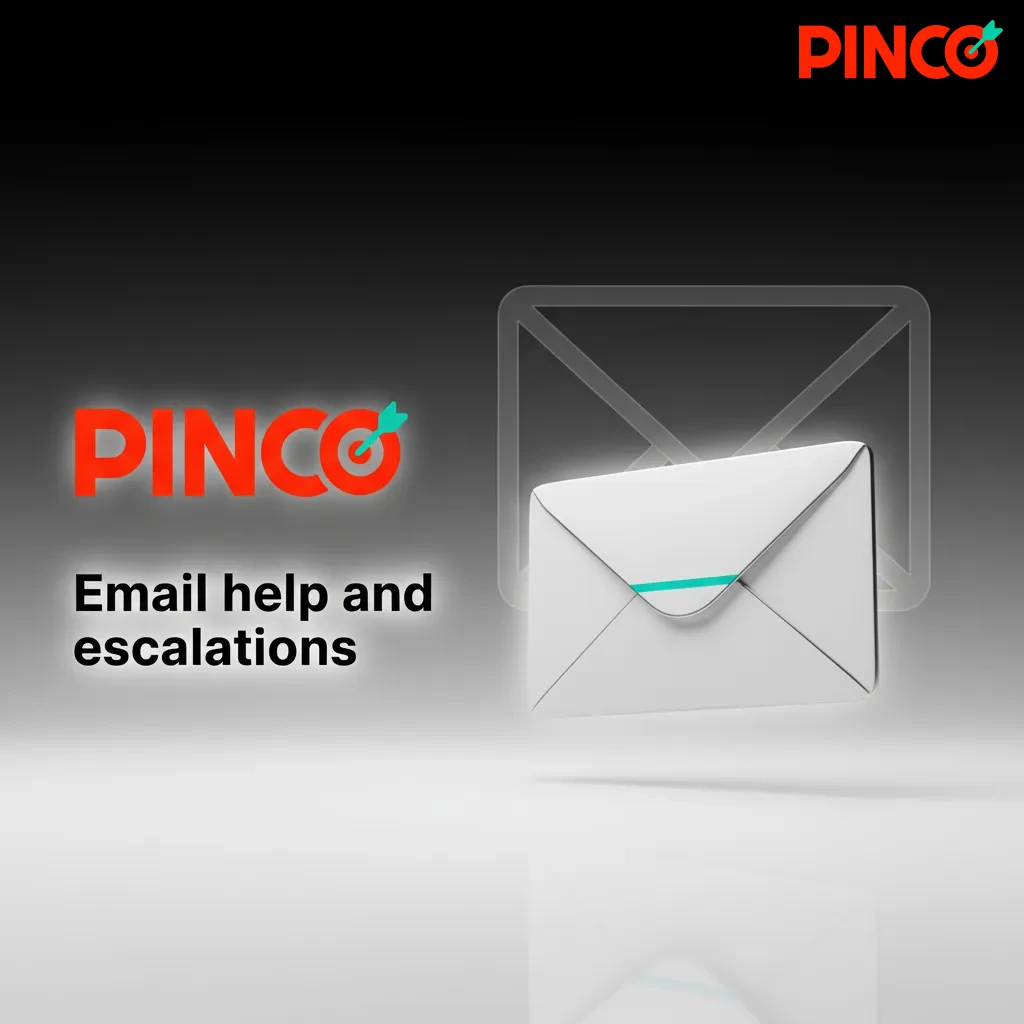 Email help and escalations: Pinco support emails for general, payments, KYC, security, with 2-6h replies and email tips.