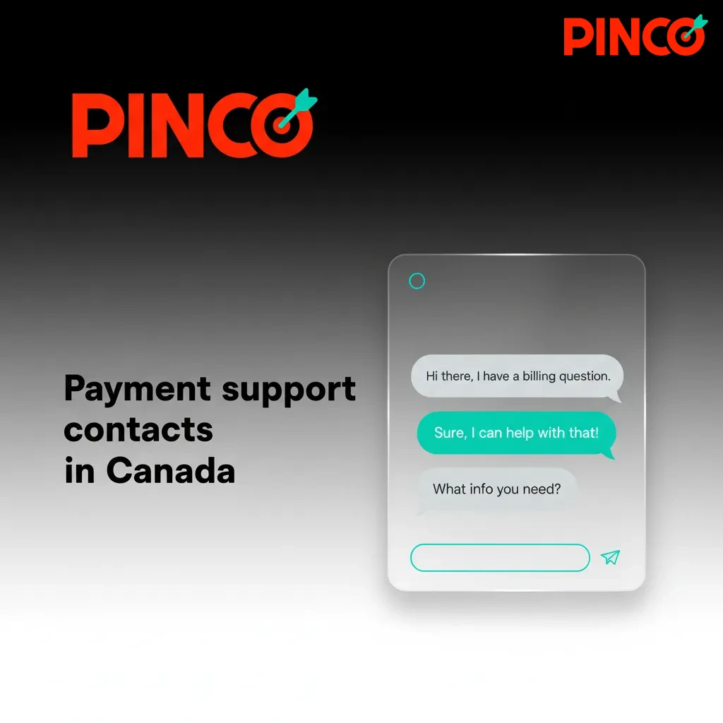 Payment support contacts in Canada: 24/7 live chat, support@pinco.ca, +1 833 555 0199, Help Centre, in-app messaging.
