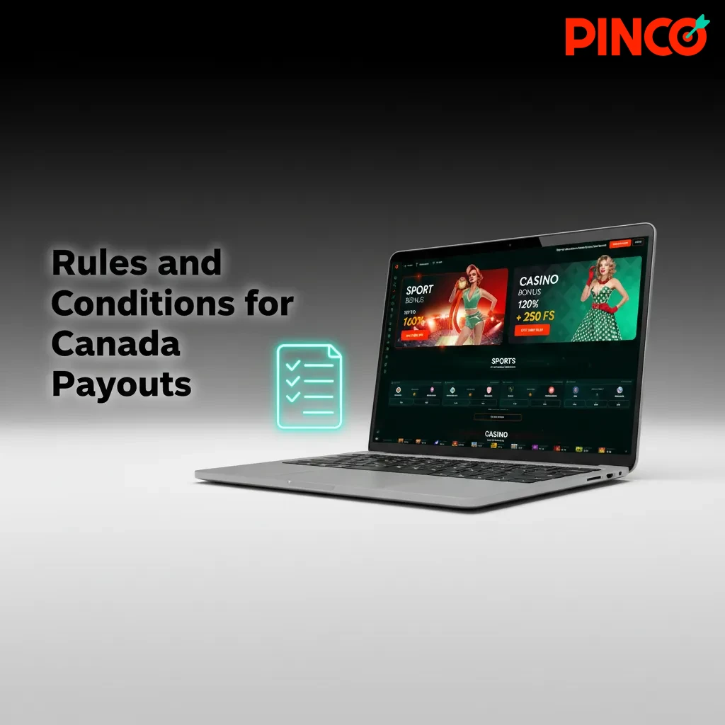 Pinco Canada payout rules—ID and address checks, payment ownership, wagering terms, C$20 min, C$10k max, security checks.