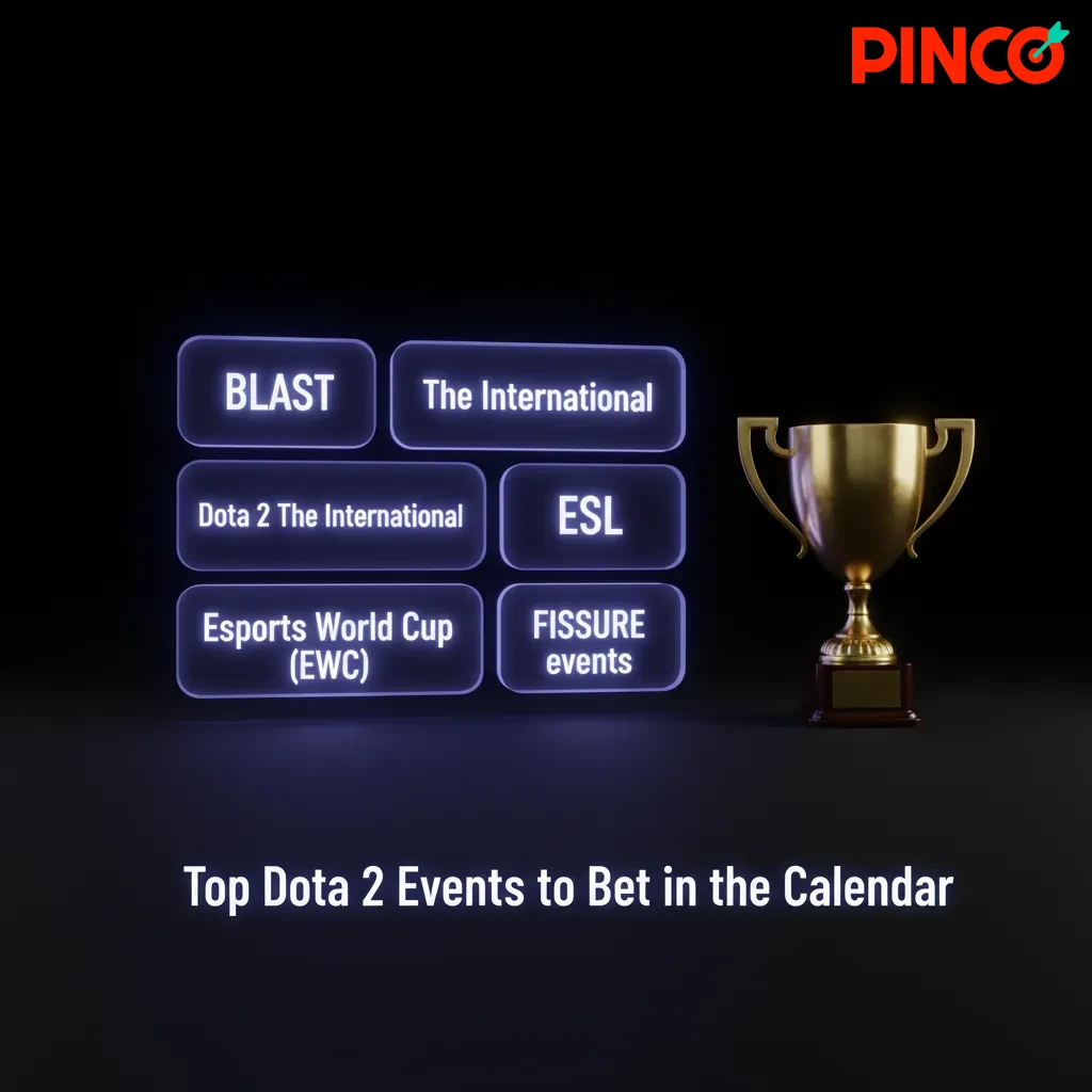 Graphic listing top Dota 2 events to bet: TI, BLAST, ESL, EWC, PGL, FISSURE, with qualifiers and global stages highlighted.