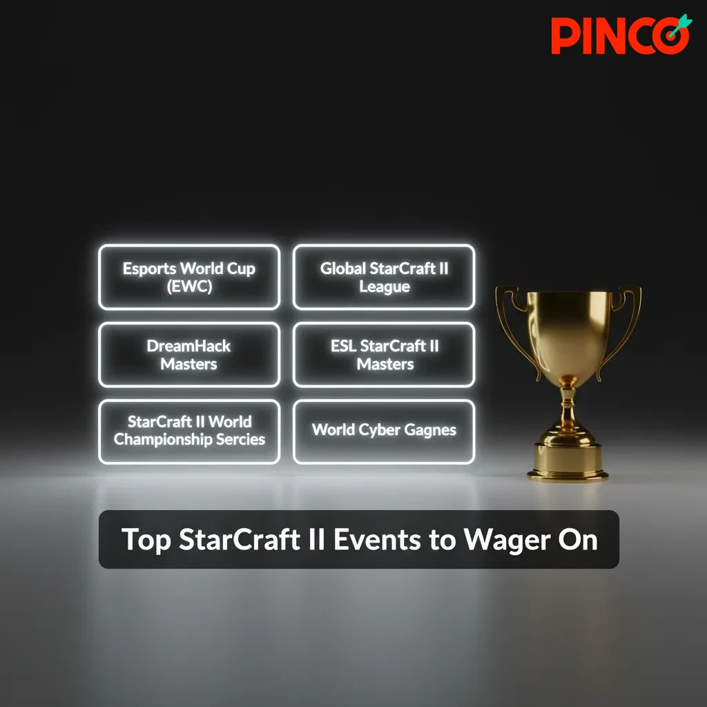 Graphic listing top StarCraft II events to bet on: EWC, GSL, DreamHack, IEM Katowice, TSL, WTL, HomeStory Cup, Open Cups etc.