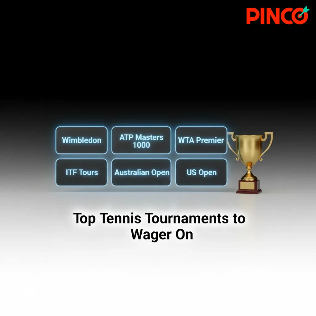 Infographic of top tennis tournaments to wager on: Grand Slams, ATP/WTA tours, Challenger, ITF, Davis/BJK, Laver/United Cup.