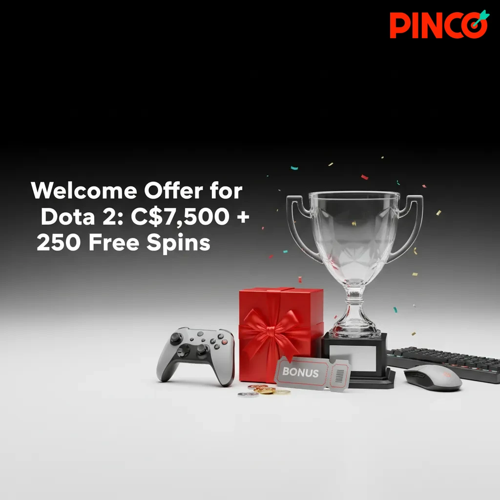 Pinco Dota 2 welcome offer banner: up to C$7,500 bonus and 250 free spins, with steps to claim for new users.