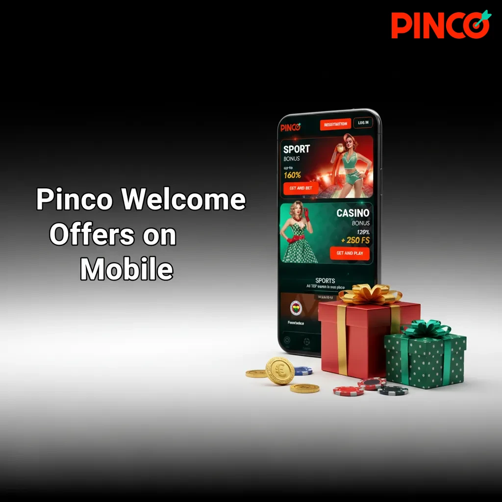 Mobile screen shows Pinco welcome offers: casino up to C$7,500, 250 free spins, optional sportsbook promo; terms apply.