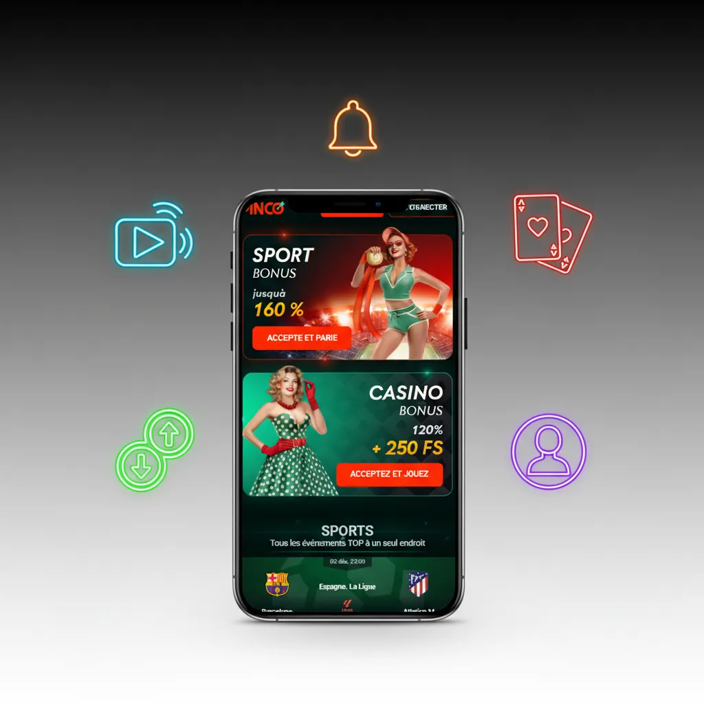 Visuel de l’app mobile Pinco: paris et casino en C$, connexion biométrique, Interac, outils de jeu responsable, support 24/7