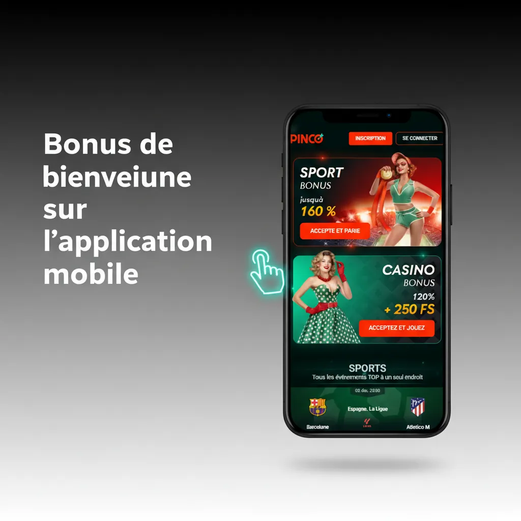 Smartphone avec l’app Pinco: créer un compte, déposer, choisir le bonus de bienvenue et suivre les exigences de mise.