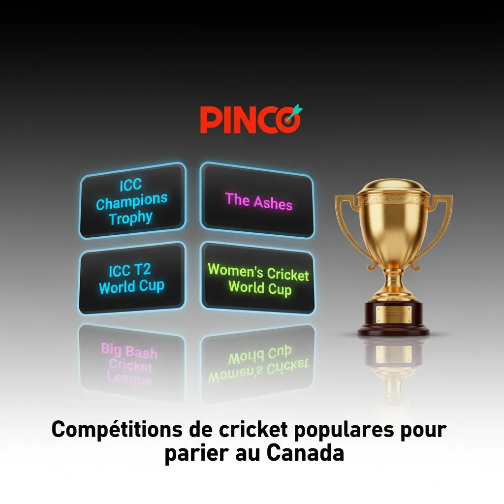 Montage des grandes compétitions de cricket—CWC, T20 WC, Ashes, IPL, BBL, CPL, GT20—et symboles de paris au Canada.