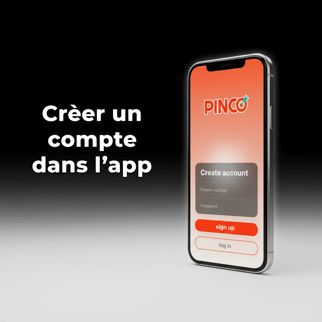 Écran de smartphone avec guide de création de compte: inscription, infos perso, limites, validation email/SMS, KYC.