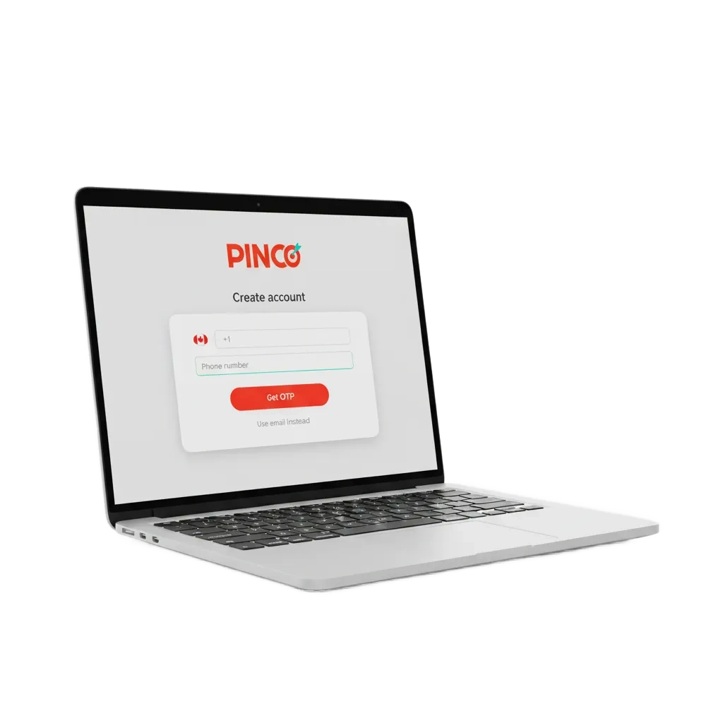 Écran d’inscription Pinco: créez un compte, options 1 clic/téléphone/courriel/réseaux sociaux, bonus 7 500 $ CA + 250 tours