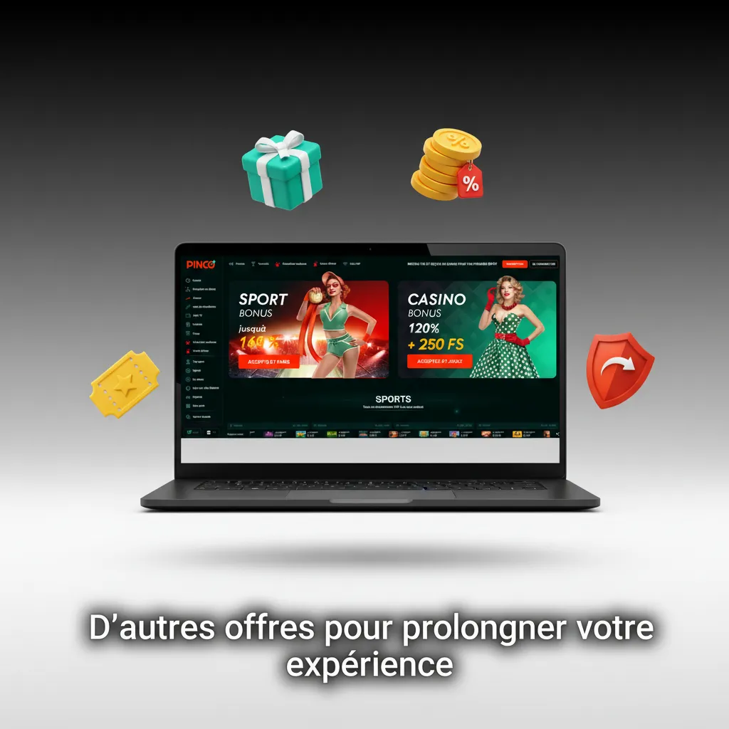 Bannière d’offres Pinco: bonus de recharge, tours gratuits, cashback, programme VIP et pari sportif gratuit.