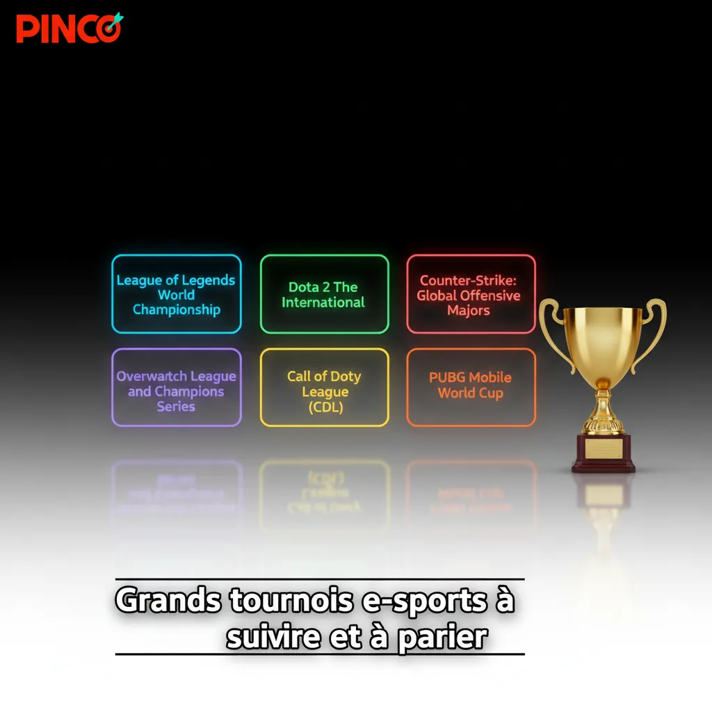 Infographie des tournois e-sports majeurs par jeu (CS2, Dota 2, LoL, Valorant, R6, Rocket League, CoD) à suivre et à parier