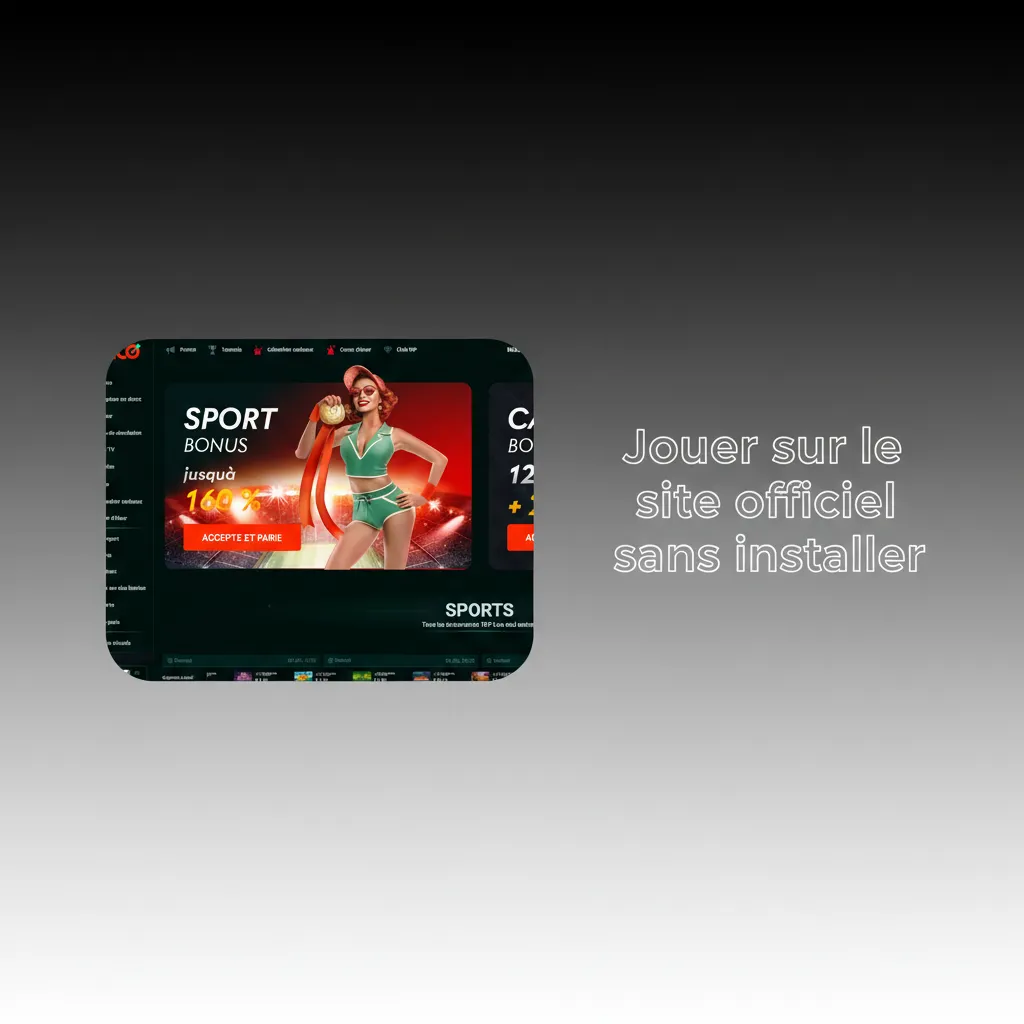Ordinateur affichant le site officiel dans un navigateur, message 'sans installation', mêmes jeux, paris et sécurité.