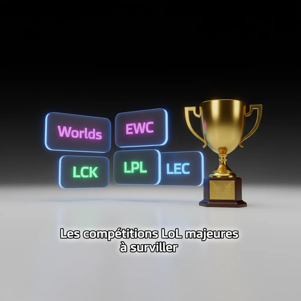 Infographie des compétitions LoL majeures: Worlds, MSI, EWC, LCK, LPL, LEC, pour planifier vos paris toute l’année.