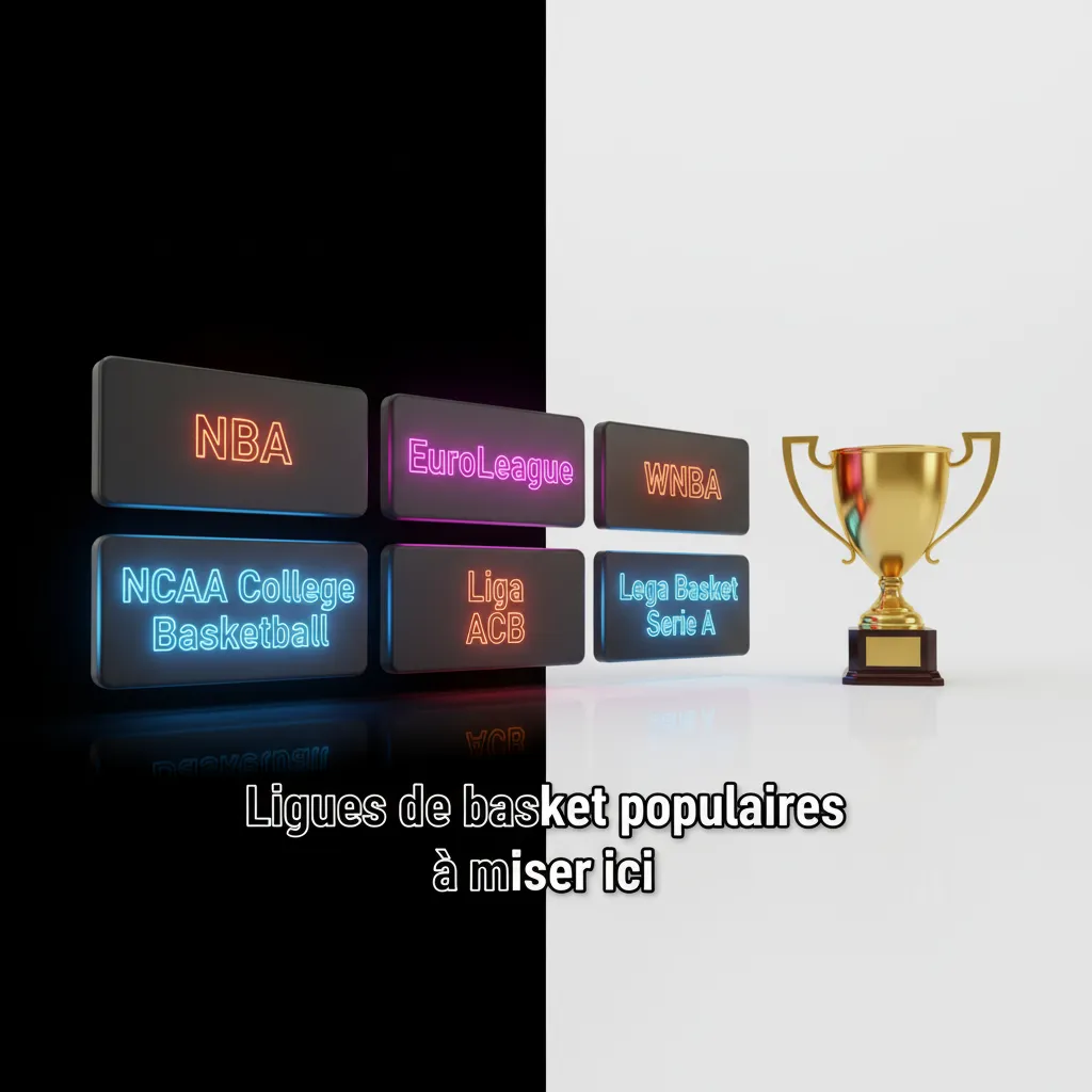 Logos des ligues de basket: NBA, WNBA, NCAA, March Madness, EuroLeague, EuroCup, CEBL et FIBA.