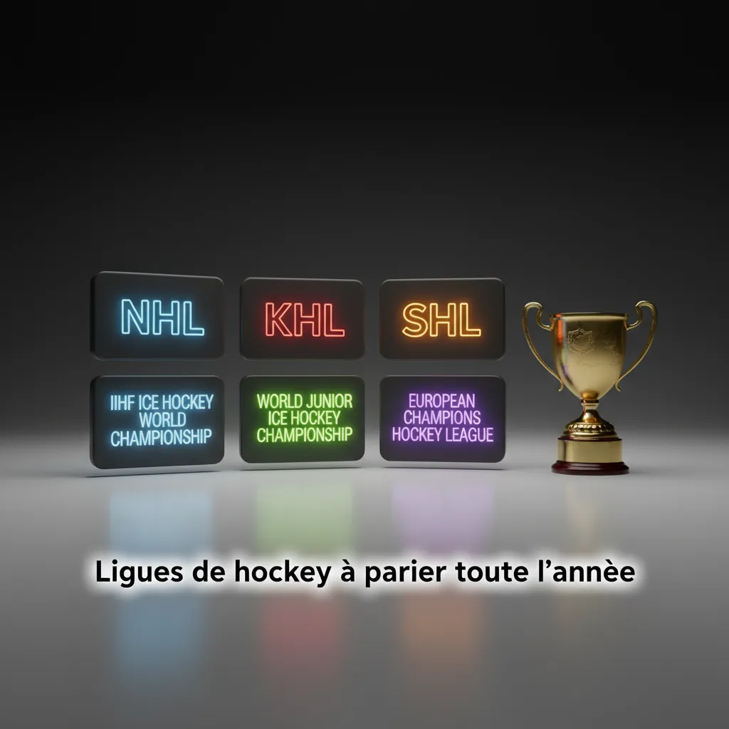 Image présentant les ligues de hockey pour parier toute l’année: NHL, AHL, KHL, SHL, Liiga, CHL, IIHF, JO.