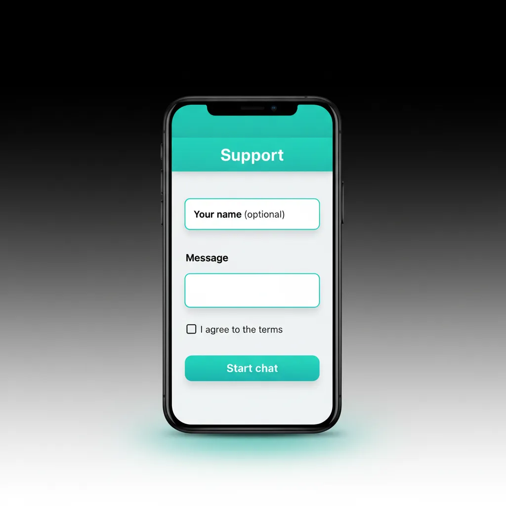 Écran iPhone montrant le chat en direct 24/7 et options courriel, centre d’aide et FAQ pour le service client.