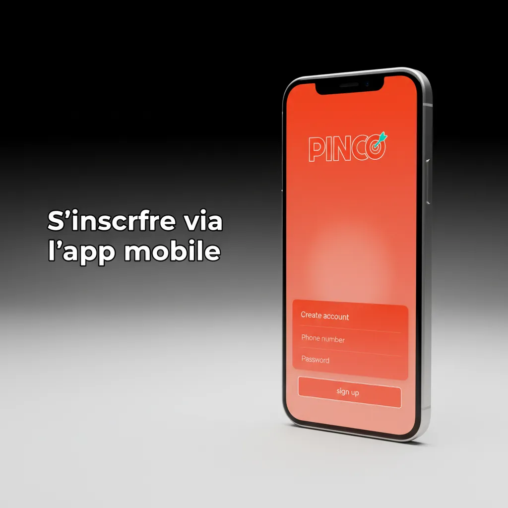 Smartphone affichant l’écran S’inscrire, options biométriques et étapes pour créer un compte via l’appli ou la PWA.