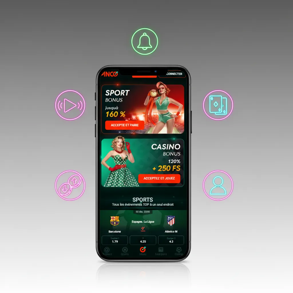 Points forts de l’app Pinco: PWA rapide, bonus 7 500 $CA, dépôts CAD, jeux live, cotes compétitives, chat 24/7.