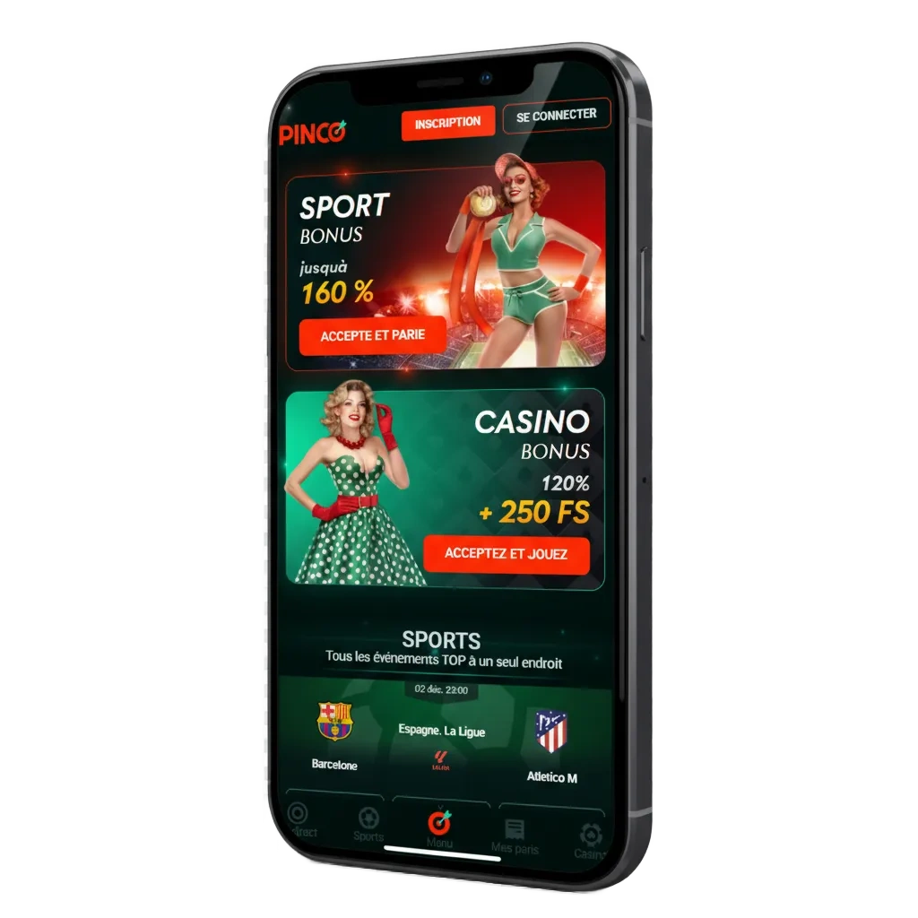App Pinco sur Android et iOS: paris sportifs et casino, bonus 100 % jusqu’à 7 500 C$ + 250 tours.