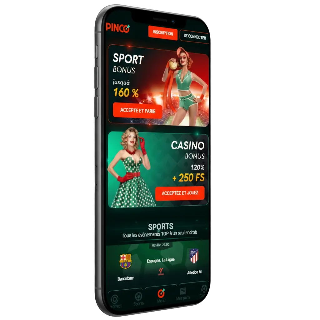 iPhone montrant l’app Pinco: paris sportifs et casino en C$ au Canada, bonus 7 500 $ + 250 tours, bouton Télécharger.