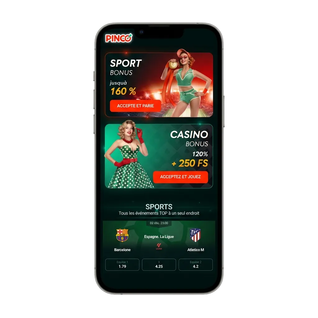 Pinco mobile app download screen showing Android APK and iOS options with casino games and sports betting features