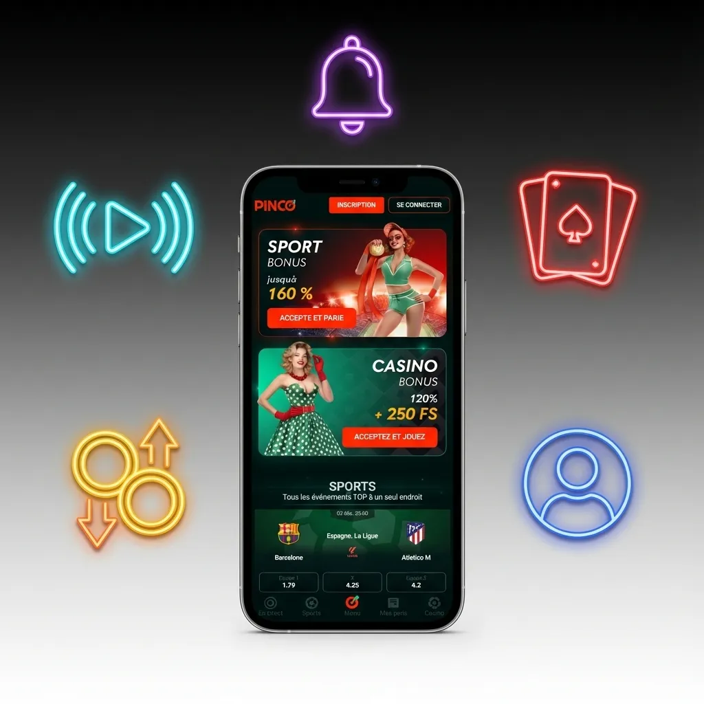 Pinco mobile app interface showing casino games, sports betting options, and Canadian payment methods on iOS device