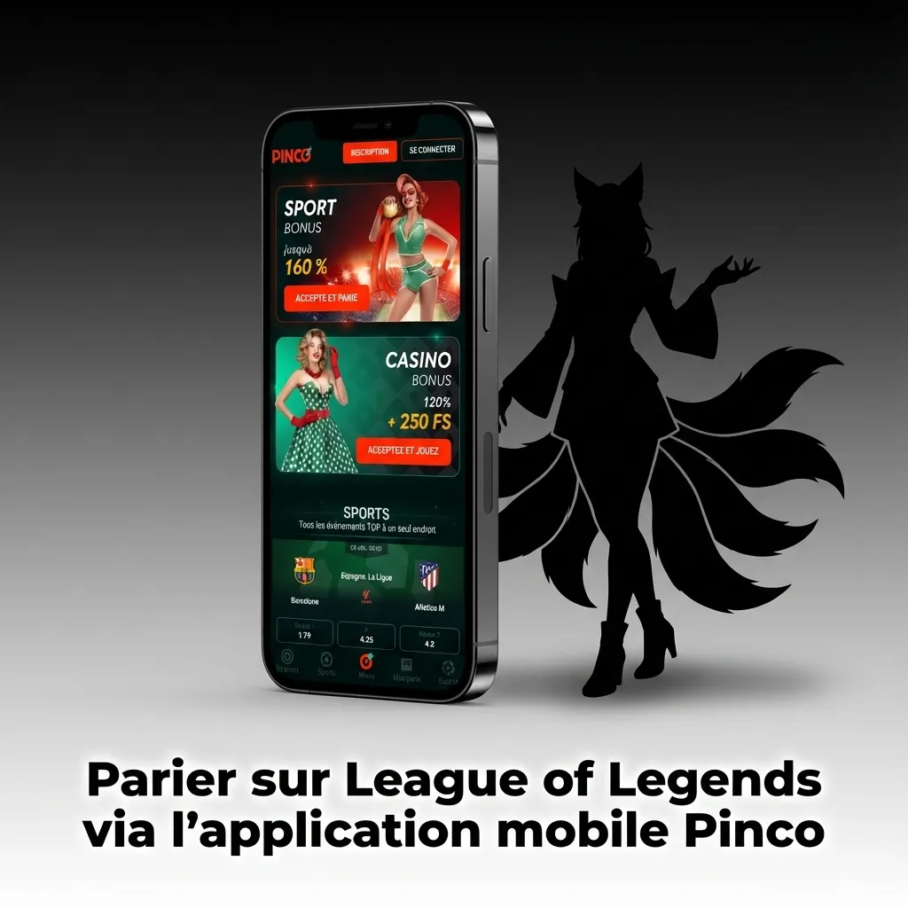 Mobile app interface showing League of Legends betting options with live matches, statistics, and odds on Pinco platform