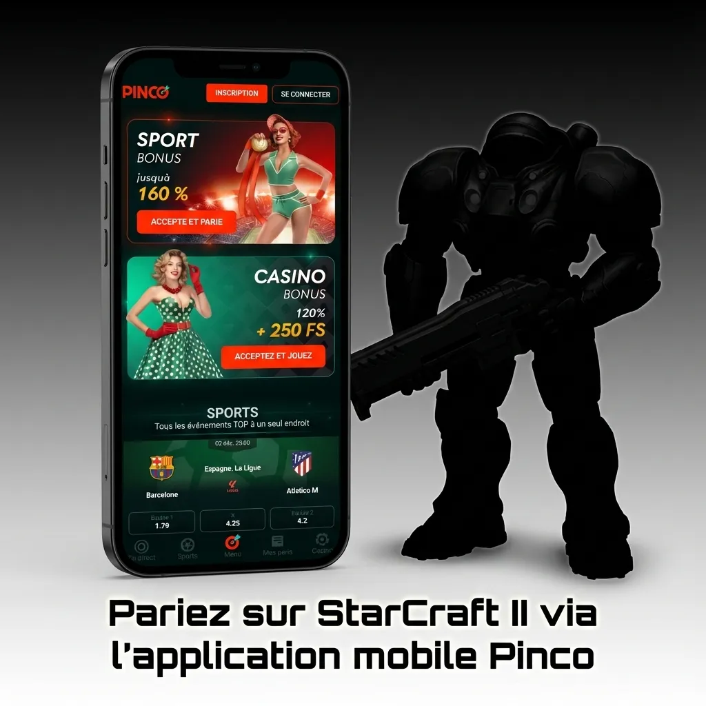 Mobile app interface showing StarCraft II esports betting options on Pinco platform with match listings and odds