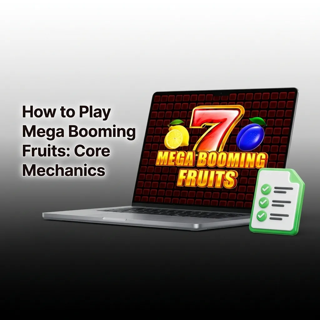5-reel, 3-row slot grid showing Mega Booming Fruits gameplay with colorful fruit symbols and 10 paylines highlighted.
