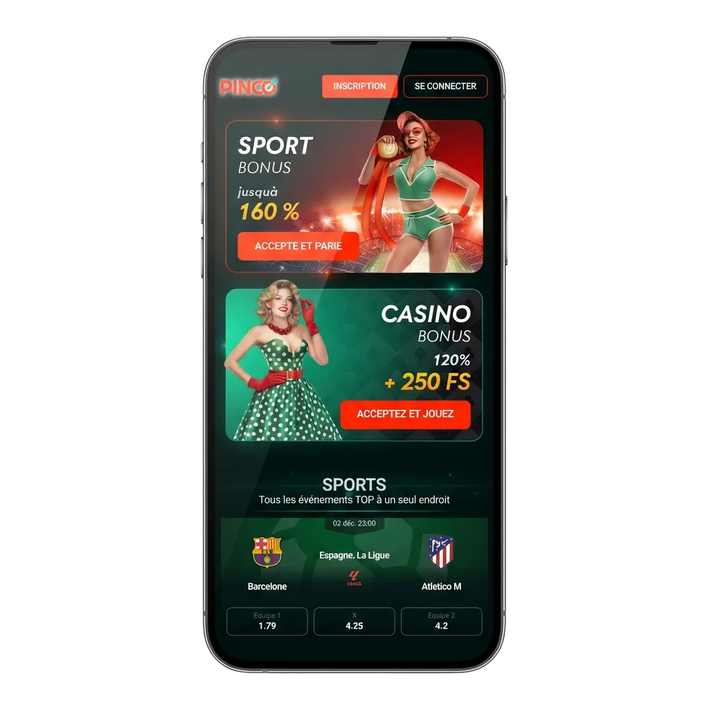 Pinco mobile app download page showing Android APK and iOS options with welcome bonuses for sports betting and casino