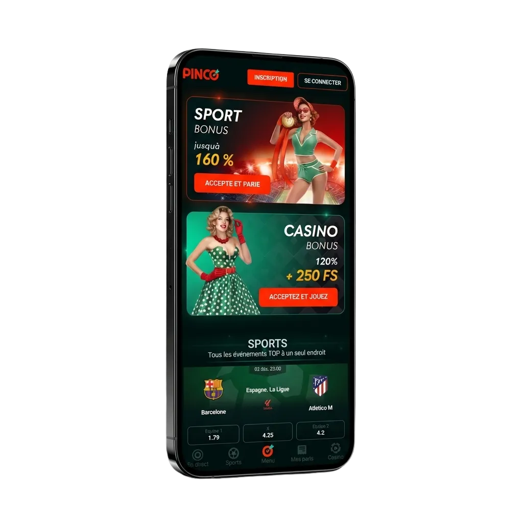 Application mobile Pinco pour iOS affichée sur iPhone avec jeux de casino et paris sportifs au Canada